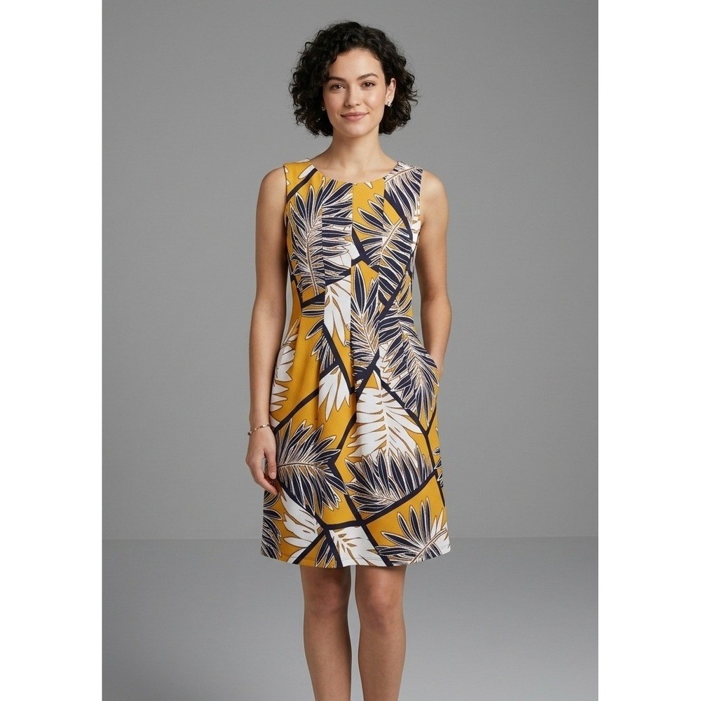 EnFocus Studio Womens 8 Tropical Palm Leaf Print A-Line Dress Mustard Navy NWT